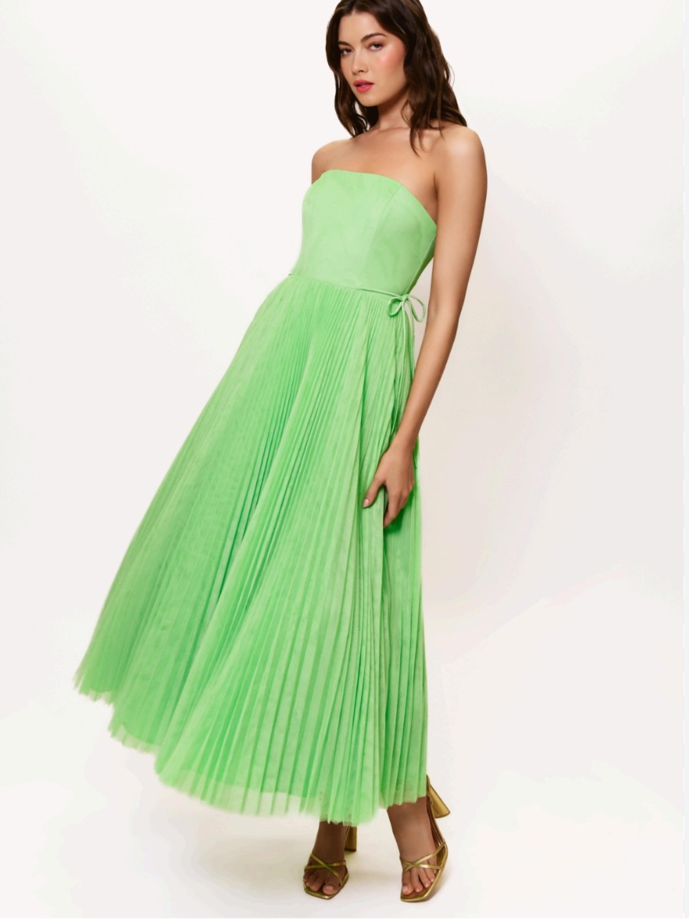 Hutch Strapless Pleated Midi Dress in Bright Green